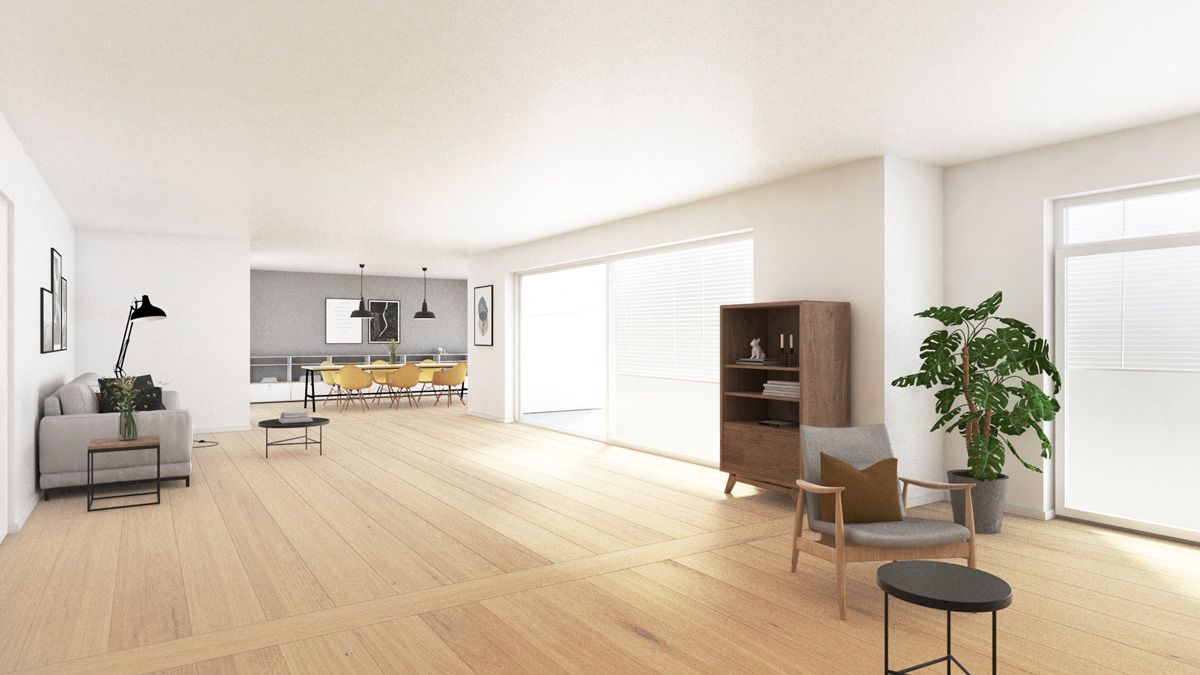 Boden visualisieren: pur natur Dielen Eiche 300 Select raumlang mit Querfries Wohnzimmer Wohnsituation