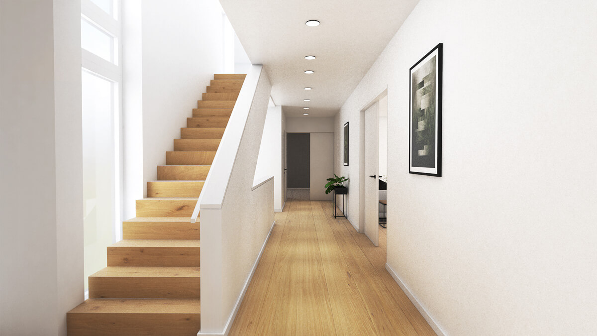 Boden visualisieren: Treppe und Flur, visualisiert mit pur natur Eichendielen der 300er Serie