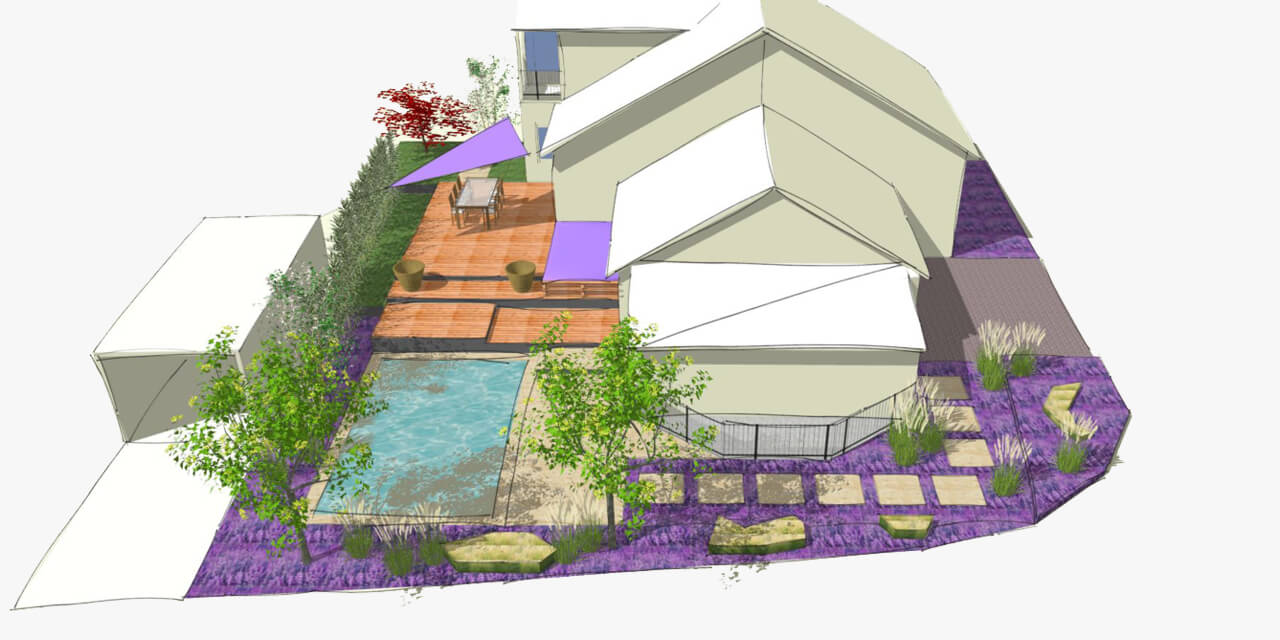 Graphic representation of a residential house with planning of the outdoor area including terrace.