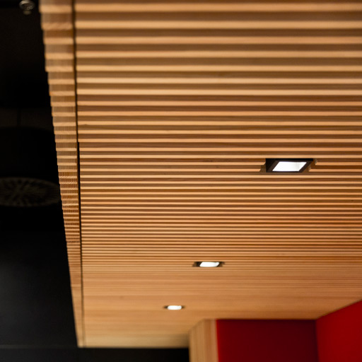 Holzelemente aus Douglasie: Deckenverkleidung aus Holz mit integrierten Spots